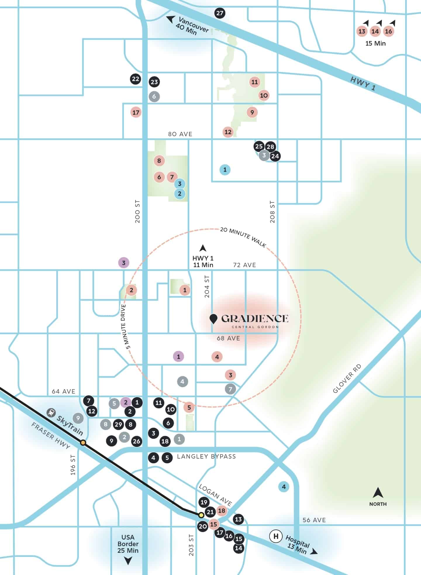 Community amenities map showing schools, parks, shops, dining, and transit options near Gradience townhomes in Central Langley by Apna Group