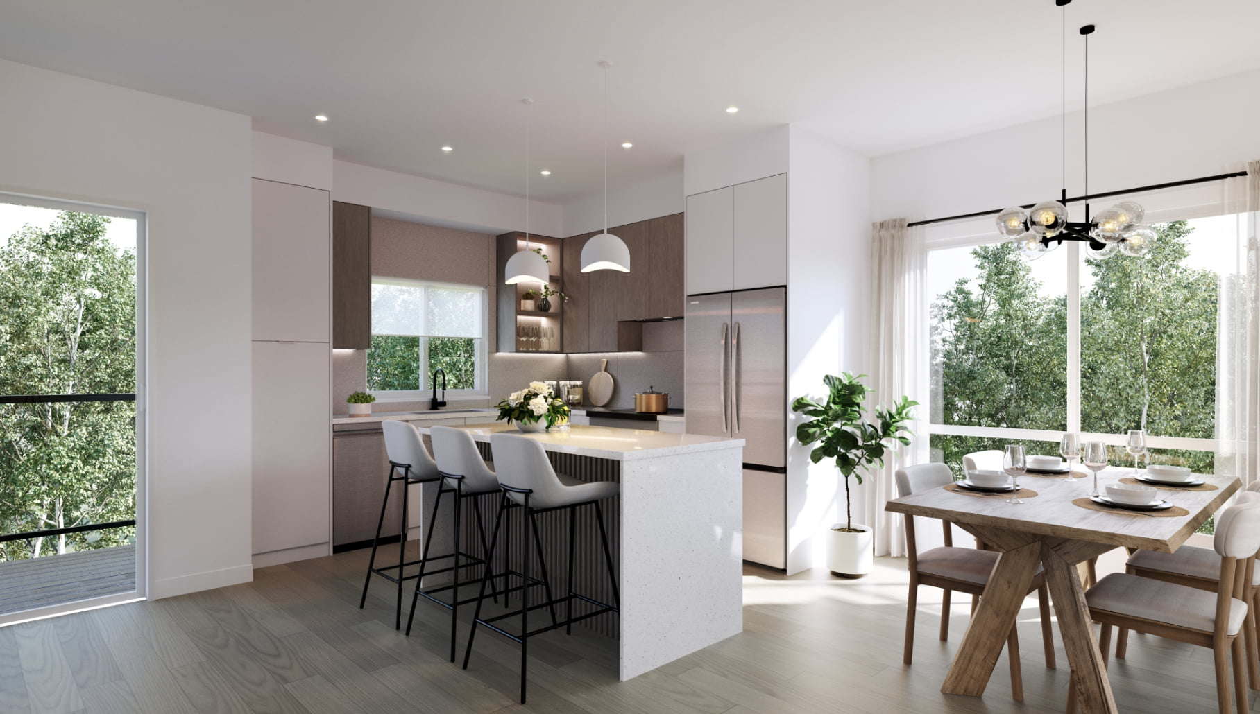 Interior rendering of a Gradience townhome kitchen and dining space, featuring a central island with bar stools, pendant lighting, and large windows overlooking trees