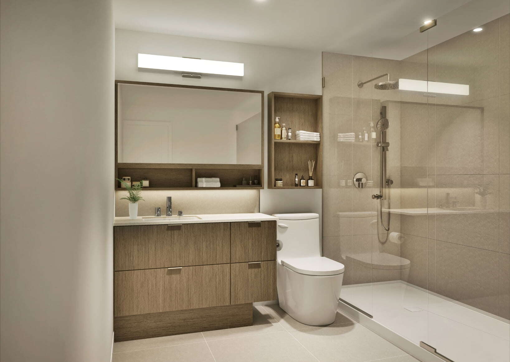 Modern Pinot-themed bathroom in Gradience townhomes by Apna Group, featuring dark wood cabinetry, white quartz countertops, and chrome fixtures in Central Gordon, Langley, BC.